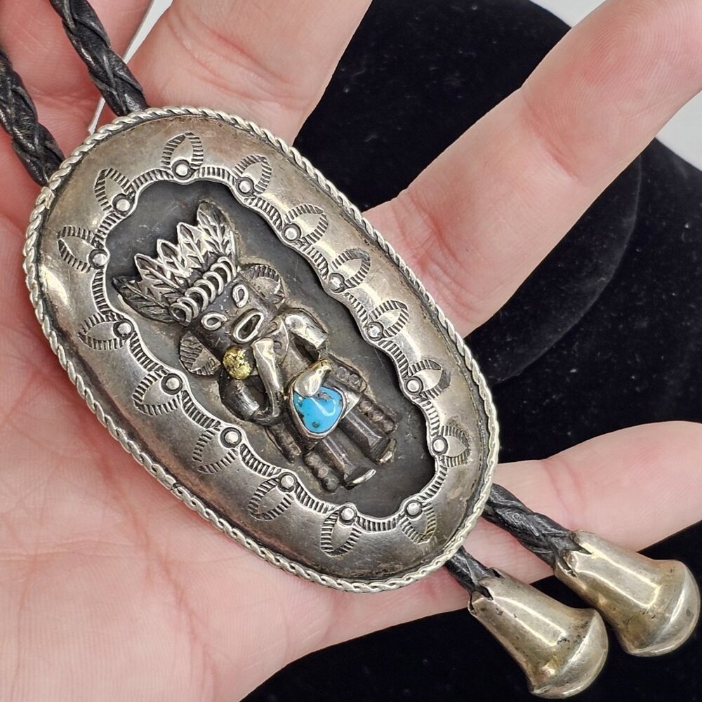 Navajo Sterling Silver, Turquoise, Gold Kachina Bolo Tie Native